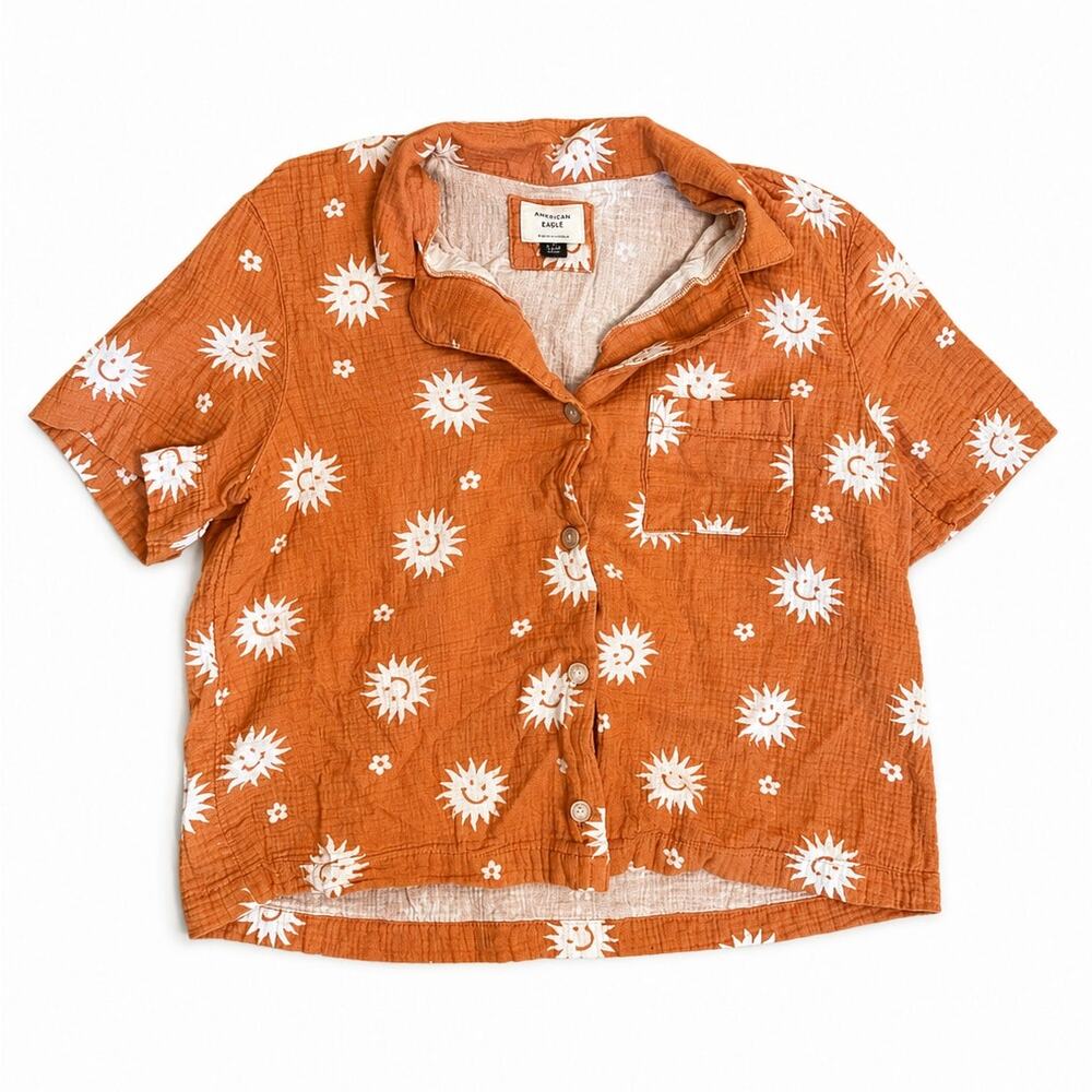 American Eagle Orange Sun Print Camp Shirt - Picture 2 of 2